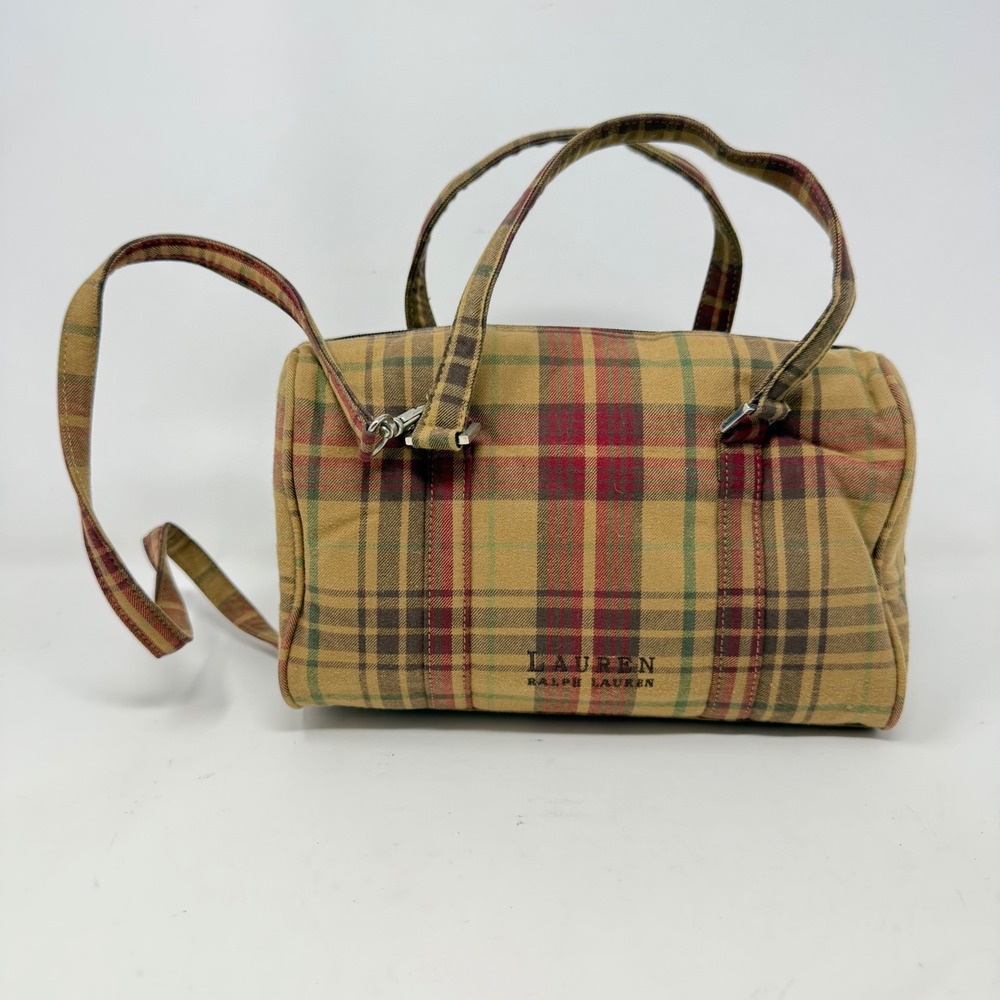 Lauren Ralph Lauren Plaid Canvas Barrel Bag Tan Red Green Satchel Crossbody